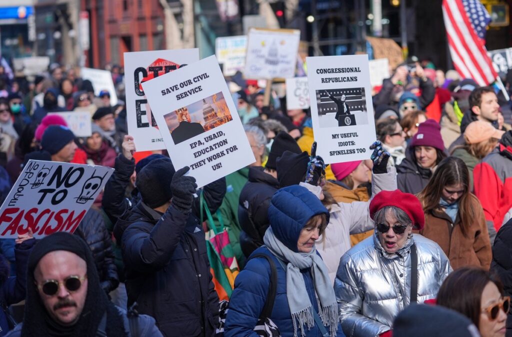 Protesters at Stop the Coup Rally on Presidents Day in New York City